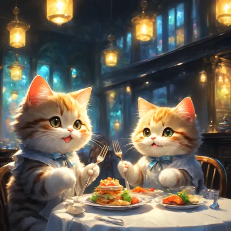 anthropomorphic cat,minuet,ダイニングtable,Holding a fork and knife in each hand,white napkin for meals,I&#39;m waiting in front of the table,cute,fluffy fur,masterpiece,rich colors,highest quality,official art,fantasy,colorful,((nothing is placed))table,restau...