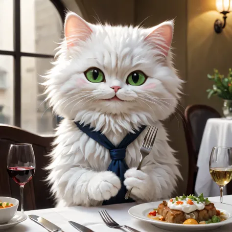 anthropomorphic cat,minuet,dining table,Holding a fork and knife in each hand,white napkin for meals,Waiting for the food to arrive at the table,cute,fluffy fur,masterpiece,rich colors,highest quality,official art,fantasy,colorful,Empty table,restaurant,Ha...