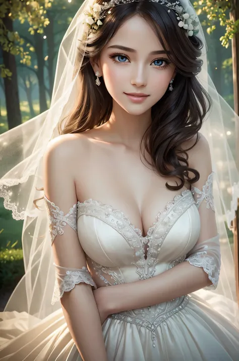 Wedding dress,bride,Waiting for love,Beautiful and delicate eyes,Beautiful and delicate lips,Extremely detailed eyes and face,long eyelashes,fairytale atmosphere,soft light,romantic mood,Stunning background,flowers,dream colors,Emotional expression,romanti...