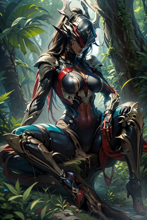 garuda, long hair flowing from back of helmet, (ripped and punctured armor damaged open exposing oiled breasts and body), 
Sitting with back against tree with legs spread looking up directly at viewer with hand extended outward for help, 
 solo, dense cann...