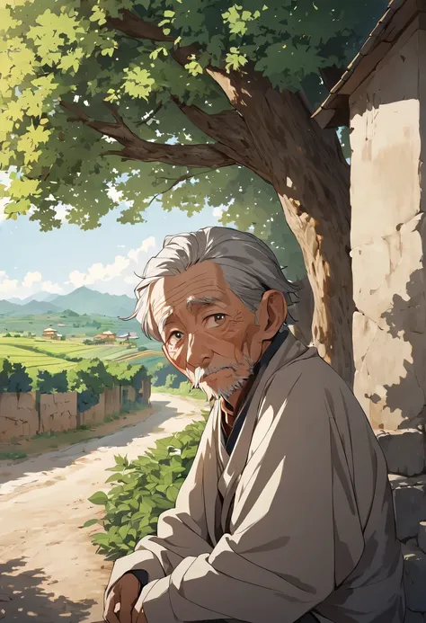 Portrait of an old man waiting under the tree at the entrance of the village，Expectant eyes，looking at the road in the distance，Rural China