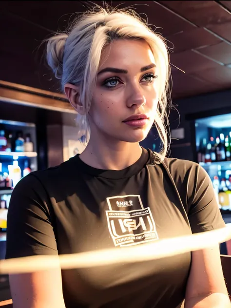 8k portrait of a woman, AlanahPearce, white hair, brown eyes, hair tied back, dynamic pose
, 1girl, t-shirt
, (masterpiece: 1.4), extremely detailed skin, (looking at viewer), (upper body:0.8), (close-up:0.8), (photorealistic:1.2), vivid, glowing, hero vie...