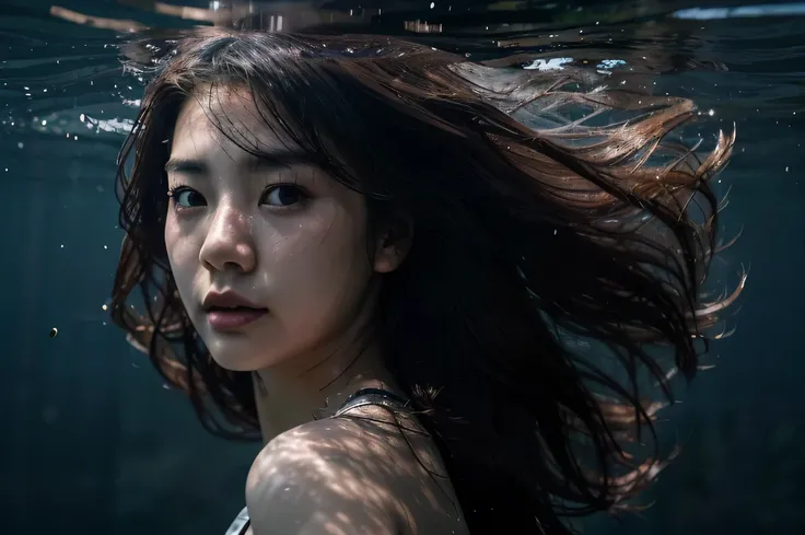 korean girl 22 years old, beautiful, drawning in the water, facing to the camera, underwater, her hairs blown by the wind, dark color tone, cinematic, dramatic lighting, movie scene, panic expression, taken with DSLR camera, ultra realistic photo, real and...