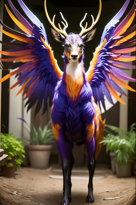 magical beings，It combines the elegance of a deer with the mysterious qualities of a phoenix. Have a slender but strong body, Palu stands tall, Reaching about six feet tall. Its fur is a mesmerizing mix of bright colors, ranging from deep shades of purple ...