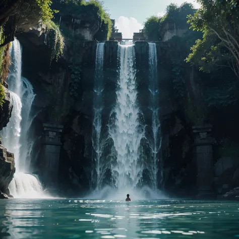 ((best quality)), ((masterpiece)), (detailed), perfect  
 there is a pool with a waterfall in the middle of it, concept art inspired by Jens Ferdinand Willumsen, polycount contest winner, massurrealism, a pool inside the giant palace, unreal engine. retro ...