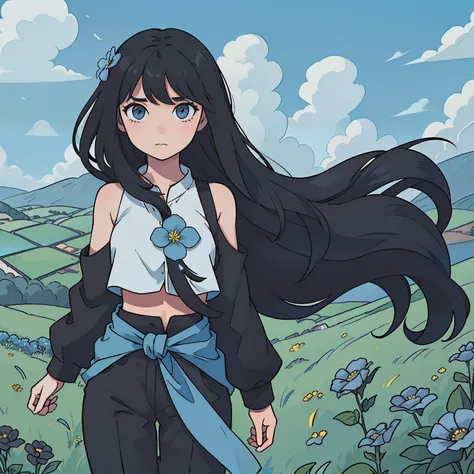 woman solo, black hair, fringe and long hair down to her lower back. centralized, dressed in black, black pants, white cropped, with a very blue sky and full of clouds focus the camera from above the waist to the head, blue flower fields, flat fields, pamp...