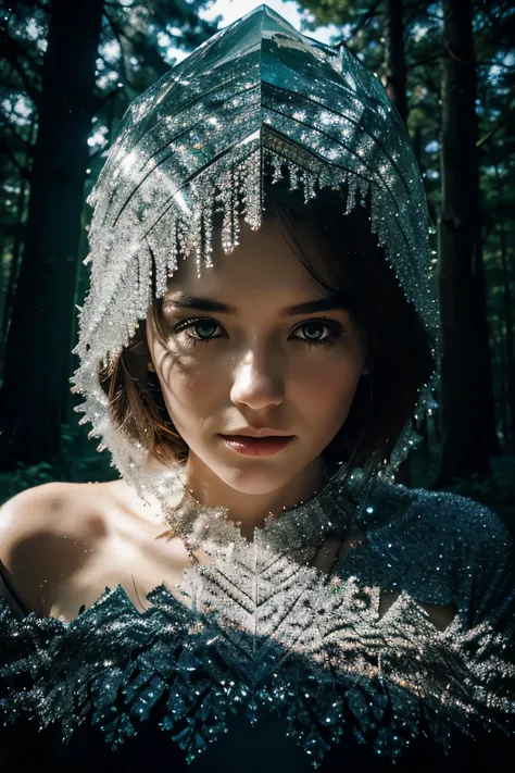 the whole forest combine in a girl made of crystal ,shiny, double exposure