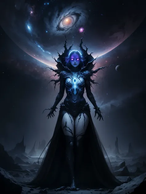 1girl, (full body:0.6), nightmare nebula conqueror, dark art style, cosmic nightmare, colossal, tendrils of darkness cosmos, planets, surreal dreamscape, horror, despair, masterpiece, high quality, super details, 8k, sexy, 