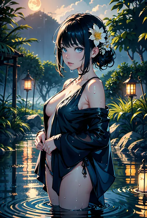 1girl, breasts, moon, lantern, night, solo, very small breasts, hair ornament, wet, naked, wading, water, hair flower, flower, outdoors, sky, full moon, rain, black hair, off shoulder, mountain, cloud, holding, bare shoulders, paper lantern, standing, nigh...