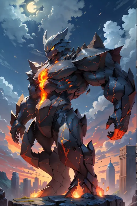 lava beast,blue sky,building,castle,city,cityscape,cliff,cloud,cloudy sky,day,dusk,evening,fire,glowing,glowing eyes,gradient sk...