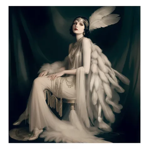 arafed image of a woman in a dress with feathers, 1920s vibes, dystopian retro 1920s vibe, 1920s style, 1 9 2 0 s style, art nouveau fashion photography, 1920 style, ethereal art deco, haute couture fashion shoot, in style of paolo roversi