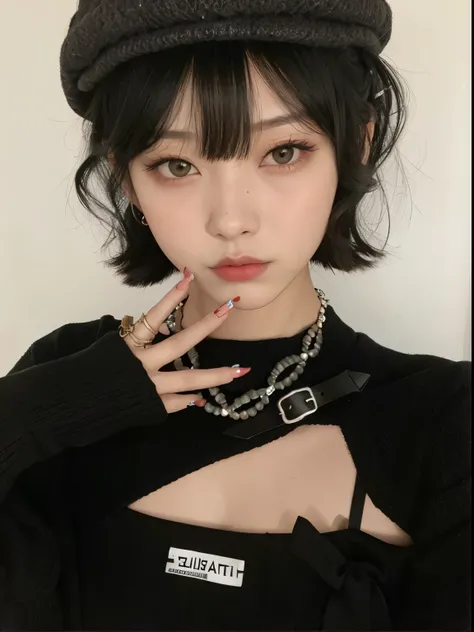 puffy woman in a black sweater and hat and necklace, Ulzzang, cruel korean goth girl, com cabelo curto, corte de cabelo preto hime, o corte Hime, penteado com corte hime branco, com cabelo curto com franja, 1 7 Year Old Goth Anime Girl, Jinyoung Shin, sui ...