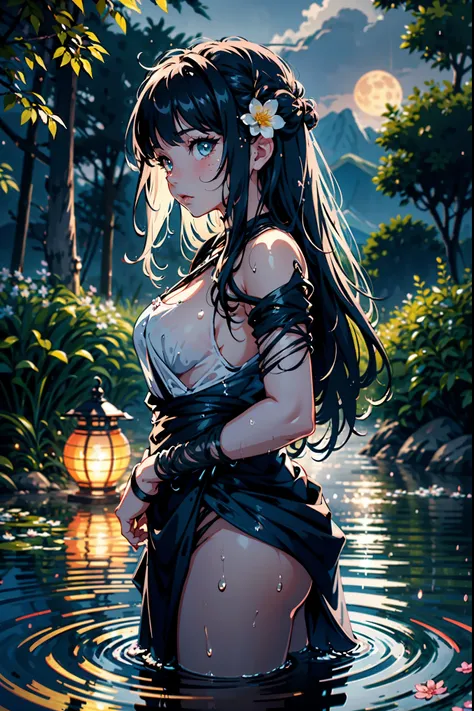 1girl, breasts, moon, lantern, night, solo, very small breasts, hair ornament, wet, naked, wading, water, hair flower, flower, outdoors, sky, full moon, rain, black hair, mountain, cloud, holding, bare shoulders, paper lantern, standing, night sky, sideboo...