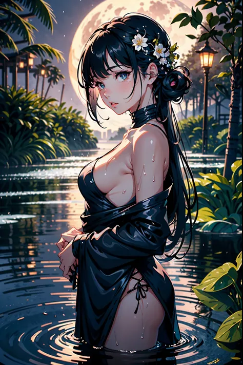 1girl, breasts, moon, lantern, night, solo, very small breasts, hair ornament, wet, naked, wading, water, hair flower, flower, outdoors, sky, full moon, rain, black hair, mountain, cloud, holding, bare shoulders, paper lantern, standing, night sky, sideboo...