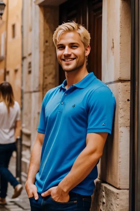 blonde hair blue eyes smiling man in Rome