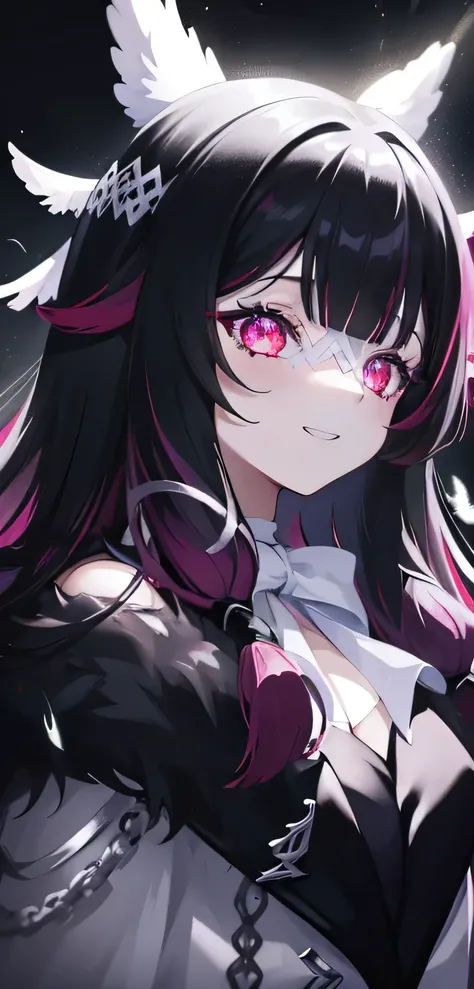 1girl, long hair, black hair, red hair, solo, open eyes, eye_mask, head wings, hair ornament, blunt bangs, light blue spotlight shining down, feathers, dark, falling feathers, evil, mysterious, black background, wind, smiling, jacket, top down view, view f...