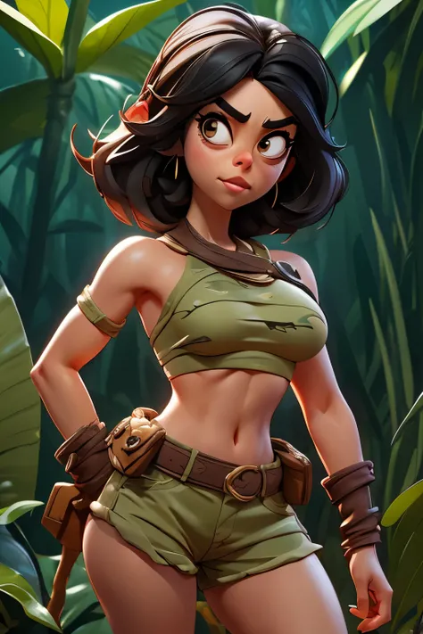 gorgeous savage amazon ((Aubrey Plaza)), dark forest, (((pixar))), dynamic, cammo bikini, very short hair