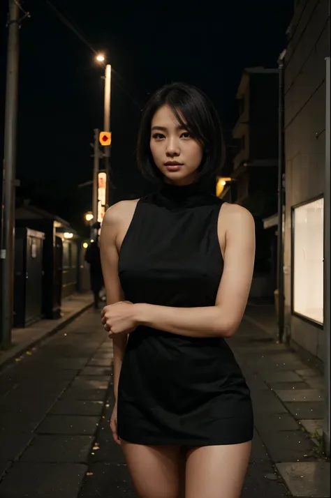 night shot of araffe asian woman in a black dress posing outside street, she is wearing a black dress, wearing a black dress, cottagecore!! fitness body, with short hair, heonhwa choe, 奈良美智