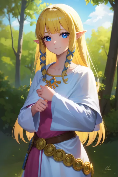 princesszelda, zelda skyward sword, blonde hair, blue eyes, long hair, pointy ears, sidelocks, elf, bangs, blunt bangs, ribbons, hair ribbons, smile,
BREAK belt, cape, dress, long sleeves, (pink dress:1.2), (white cape:1.2),
BREAK outdoors, nature, forest,...