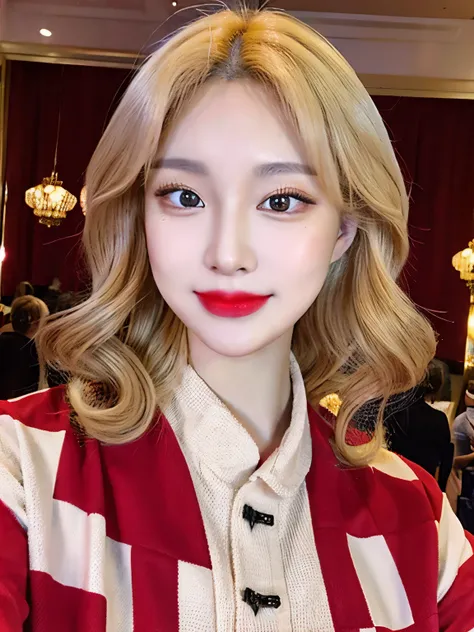 Chinese women with an alluring and mature face. Blonde curly hair with red eyes and a red lipstick. She wears classic casual clothes while looking at the camera.