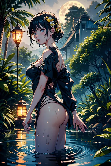 1girl, breasts, moon, lantern, night, solo, large breasts, hair ornament, wet, naked, wading, water, hair flower, flower, outdoors, sky, full moon, rain, black hair, off shoulder, mountain, cloud, holding, bare shoulders, paper lantern, standing, night sky...