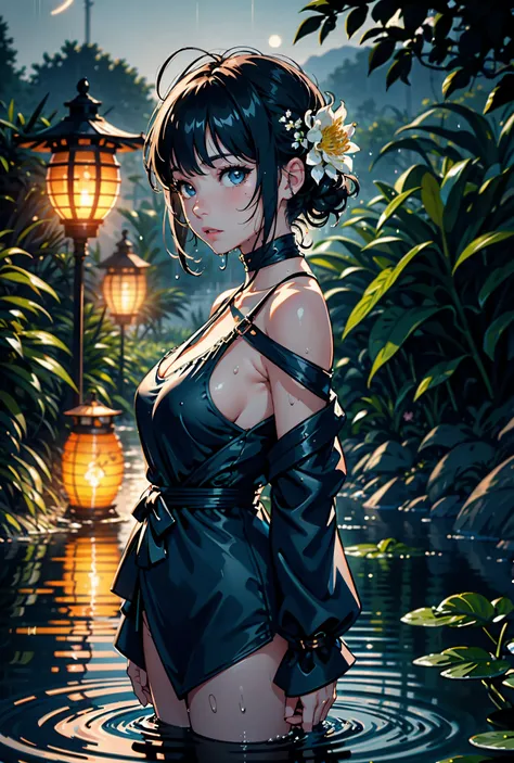 1girl, breasts, moon, lantern, night, solo, large breasts, hair ornament, wet, naked, wading, water, hair flower, flower, outdoors, sky, full moon, rain, black hair, off shoulder, mountain, cloud, holding, bare shoulders, paper lantern, standing, night sky...