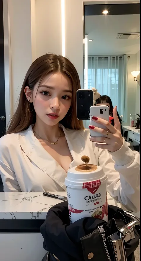 a woman taking a selfie in a bathroom with a cup of coffee, 8k selfie photography, maquillaje popular de corea del sur, maquillaje coreano popular, Retrato de Sophie Mudd, modelo de instagram, jossi de blackpink, portrait of jossi de blackpink, selfie de u...