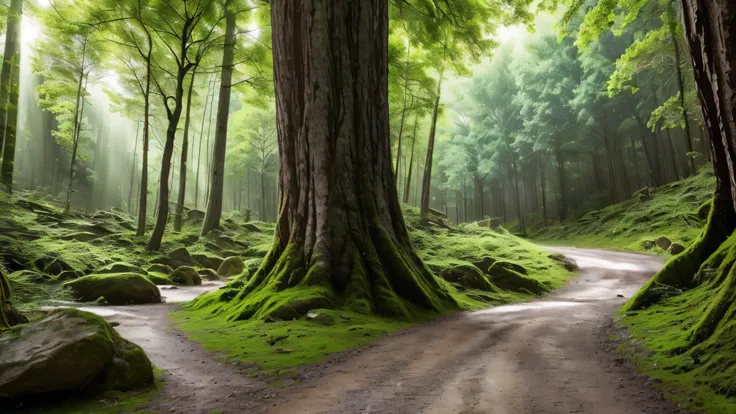 a forest with trees and rocks, a rudimentary road between the trees, sky with dense clouds and bright lightning. detalhes de luz...