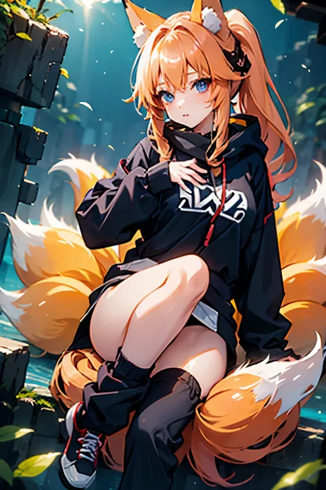 1girl, solo, fox girl, kitsune girl, fox ears, fox tails, large fox tails, long fox tails, nine tails,  sweatpants, sweatshirt, blue eyes, long hair, blonde hair, wavy hair, ponytail, hair between eyes, animal ear fluff, light smile, parted lips, beautiful...