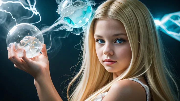 a close-up of a KIDS GIRL BLONDE with long hair, BIG BALL OF electrified ICE IN HANDS. SMOKE GREEN.