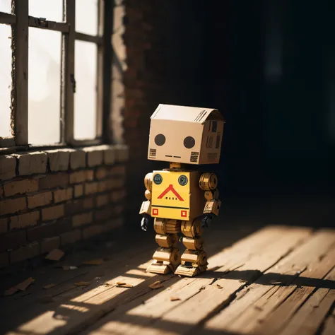 A robot made of cardboard sat dejectedly in the corner，chibi,full_body,Sunlight，Tyndall effect，Ultra HD, high resolution, depth of field, minimalism