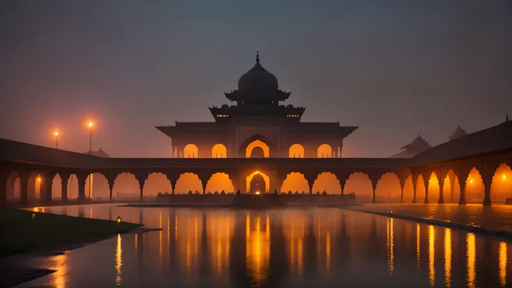 A misty night scene around the mahal, hinting at the lingering presence.