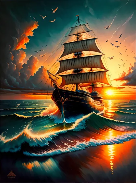 painting of a ship in the ocean with a sunset in the background, arte da capa detalhada, amazing wallpaper, navio pirata, old navio pirata, gothic ship in the ocean, Arte digital altamente detalhada em 4k, Navios em chamas, Inspirado em Gaston Bussiere, po...