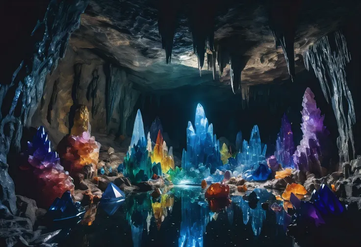 a vast crystal cave covered in sapphire sculptures of monsters, colorful crystals, reflections and sparkles, light shining in fr...