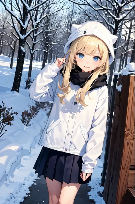 1 girl、long hair、blonde hair、blue eyes、winter、snow、winter、1 girl、stroll、紙吹snow、skirt up