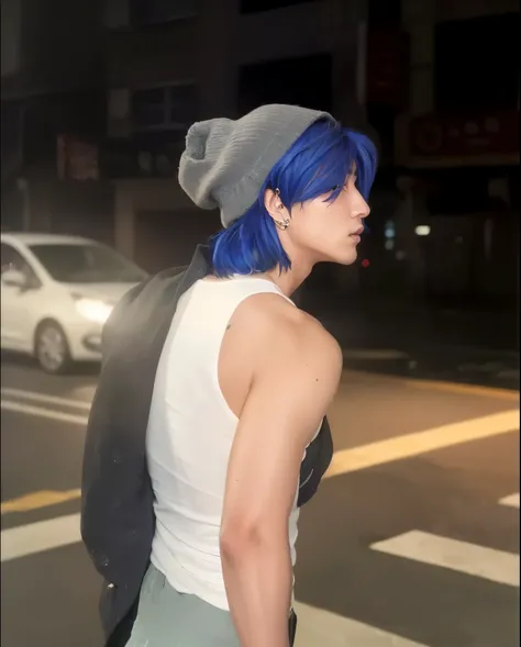 (highres,ultra detailed),(photorealistic:1.37),A man with blue hair,Asian idol,beautiful detailed eyes,beautiful detailed lips,stunning appearance,fashion (Hd 4k)