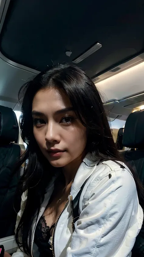 30 years old beautiful Hong Kong woman in aeroplane seat, black long hair, selfie, hyper realistic, white zipper jumper unzipped, overcoat, beautiful face, bend forward, peep white lace bra, (night), (((dark))), spot light