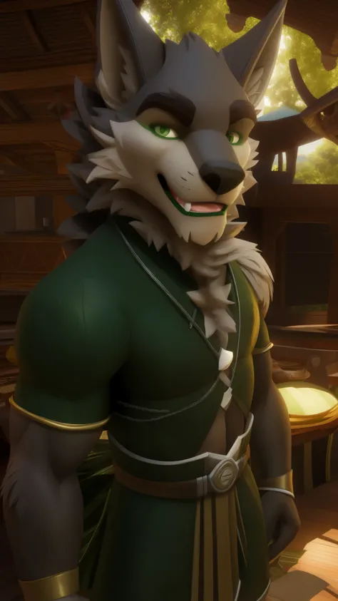 male werewolf wearing a brazilian style outfit green eyes a realistic background of são paulo playing pagoda brazilian accent lo...