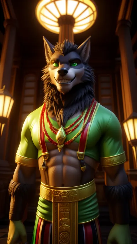 Male werewolf wearing a Brazilian style outfit green eyes a realistic background of São Paulo playing pagoda Brazilian accent looking at the viewer a very cool smile unique and original 3D Unreal Engine 5 full HDR 8K