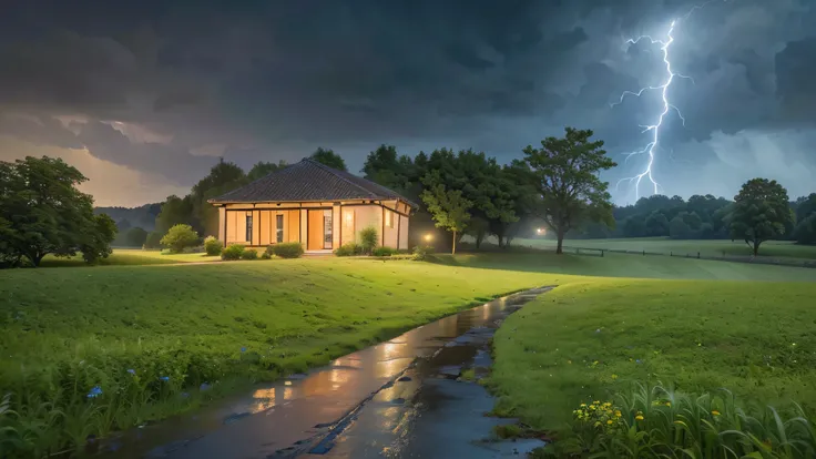 Grande tempestade no campo, lots of rain and lots of lightning, (Super HD resolution, melhor qualidade, 4k, 8k, high resolution, obra de arte: 1.2), (qualidade perfeita), (obra de arte: 1.1), ultra-detalhado, (realista, photorealista, photorealista: 1.37),...