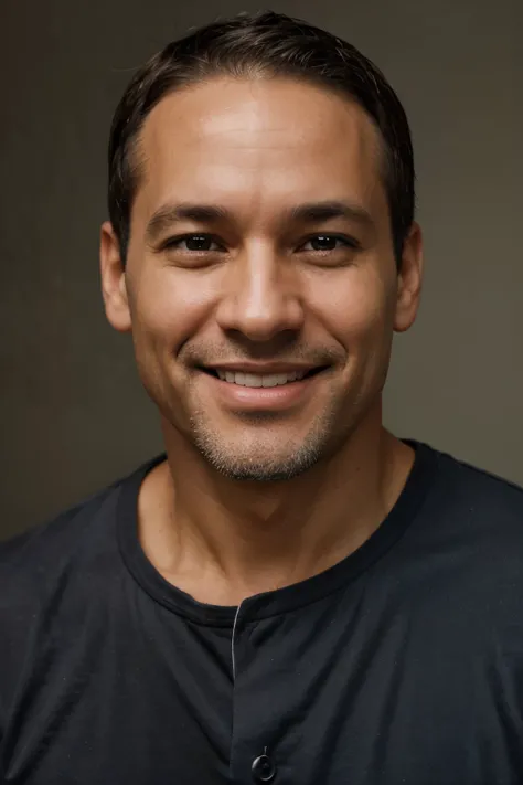 portrait 44 years old american man smiles. Light skin, dark hair, dark eyes
