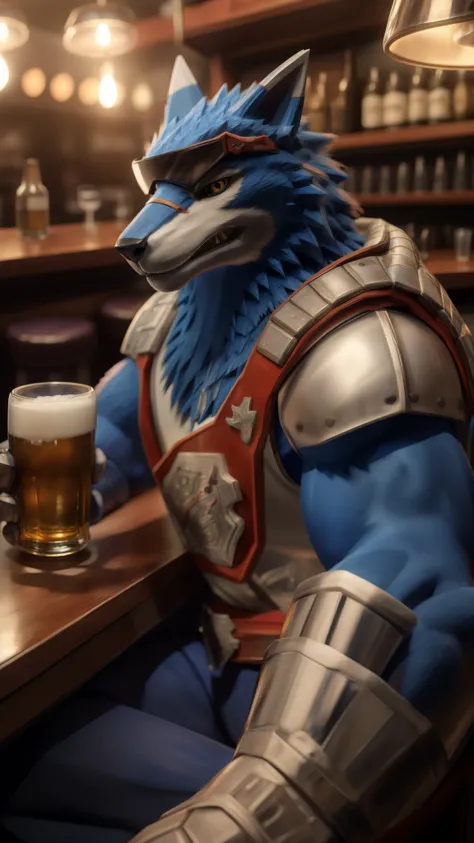 an extremely fucking awesome portrait of machgaogamon alone in a bar drinking beer, completely drunk, looking at this disgrace o...