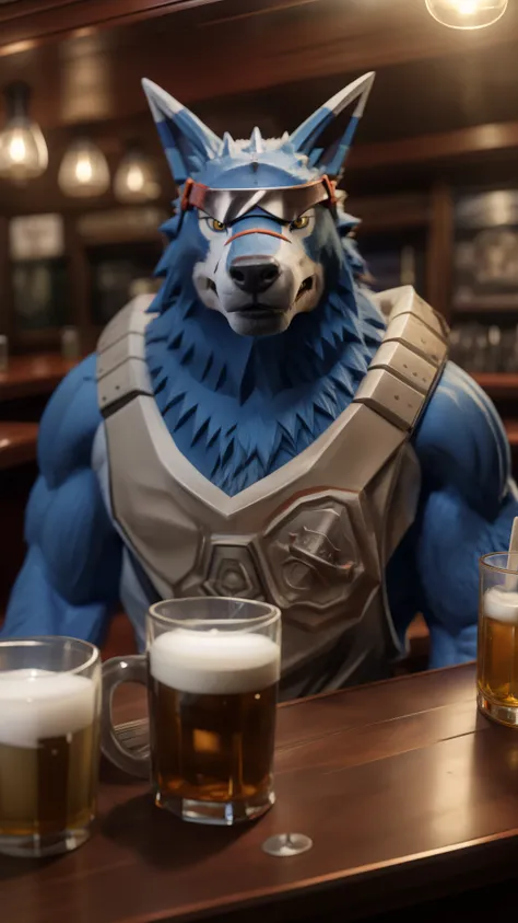 an extremely fucking awesome portrait of machgaogamon alone in a bar drinking beer, completely drunk, looking at this disgrace o...