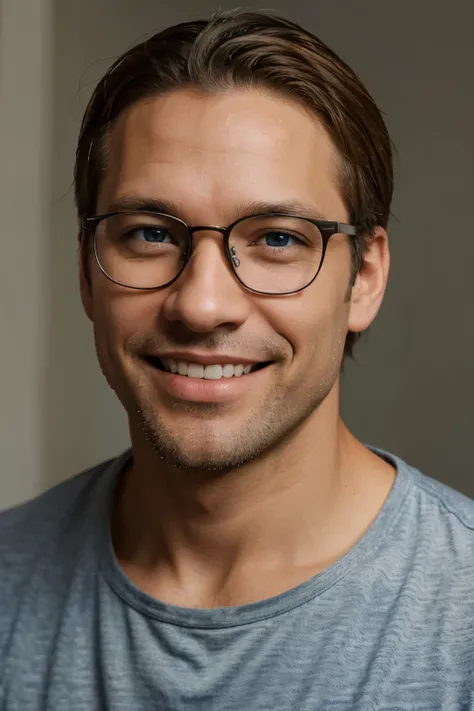 portrait 40 years old american man smiles. Light skin, light hair, blue eyes with eyeglasses
