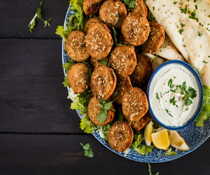 there is a plate of food with a pita and a side of dip, middle eastern, high quality food photography, mediterranean, humus, lus...