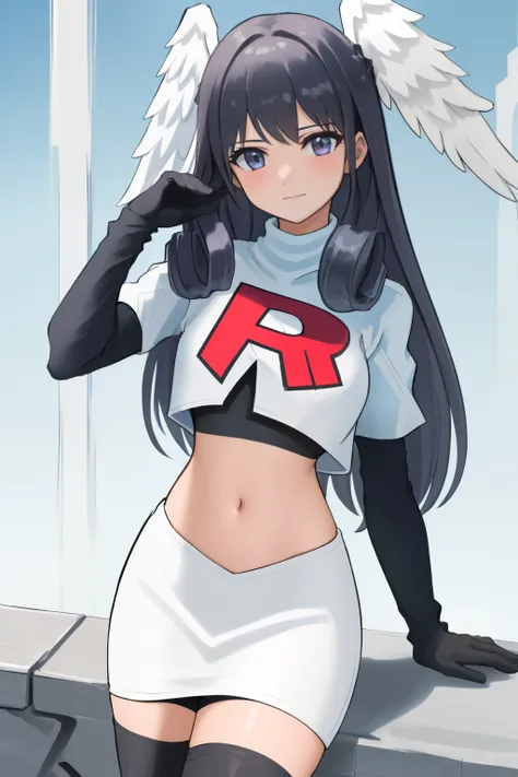 masterpiece, best quality, highly detailed, 1girl, solo,  meliaxc3 head wings, team rocket,team rocket uniform,white skirt,red letter R,crop top,black thigh-highs,black elbow gloves