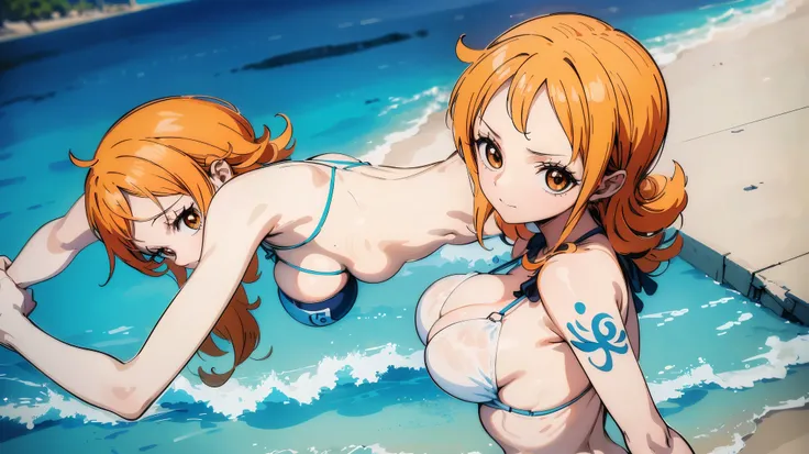 one-piece one-piece nami, vista de traz , cabelo laranja, Lindos olhos castanhos, ((vestindo lingerie sensual)) usando botas laranjas, peitos sexy,corpo todo, arms behind the back, ( fundo em chamas) (melhor qualidade, 4k, 8k, high resolution, obra de arte...