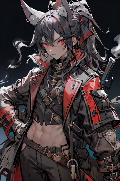 Wolf Ears, Wolf Tail, (Male), solo, Red right eye and grey heterochromatic left eye, trenchcoat, pirate attire, black hair, ponytail, boy, tricorn hat, smoking