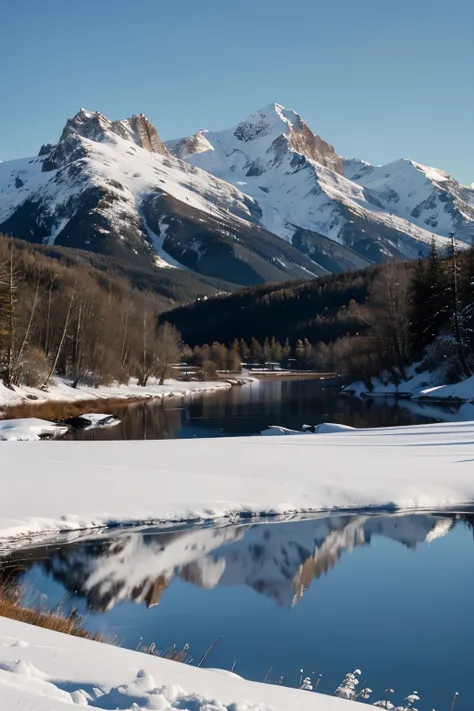 quero uma paisagem na neve, no fim da tarde, montanhas ao fundo e um lago