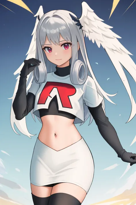 masterpiece, best quality, highly detailed, 1girl, solo,  meliaxc3 head wings, team rocket,team rocket uniform,white skirt,red letter R,crop top,black thigh-highs,black elbow gloves